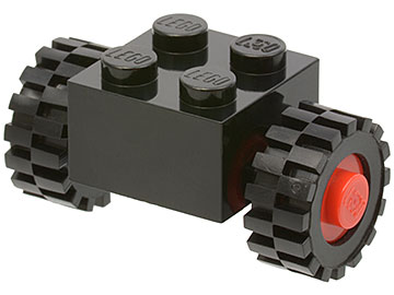 Brick, Modified 2 x 2 with Red Wheels for Single Tire with Black Tires 15mm D. x 6mm Offset Tread Small (3137c01 / 3641)