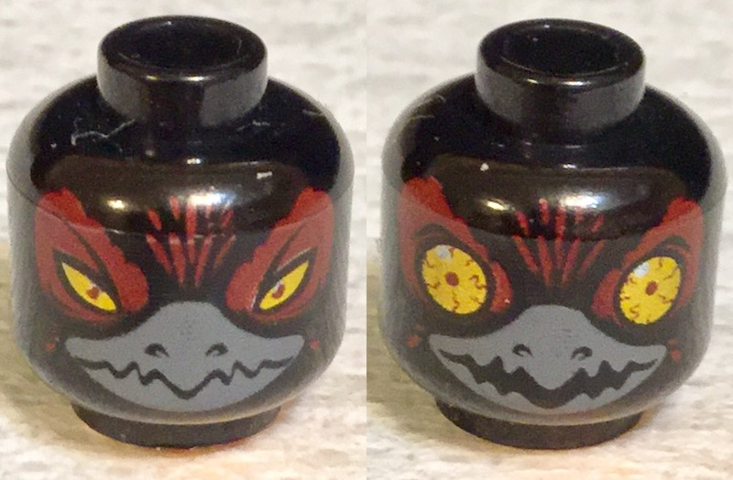 Minifigure, Head Dual Sided Alien Chima Raven with Beak, Yellow Eyes and Dark Red Pupils, Narrowed / Wide Open Bloodshot Pattern