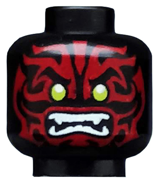 Minifigure, Head Alien with Lime Eyes, White Fangs and Dark Red Face Decorations Pattern
