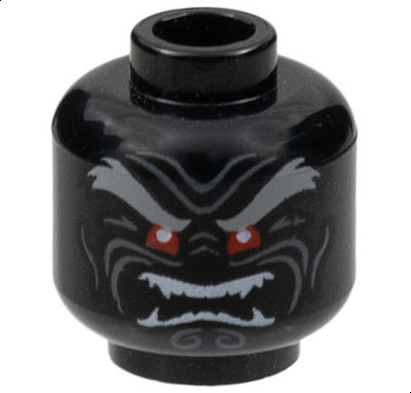 Minifigure, Head Light Bluish Gray Bushy Eyebrows, Red Eyes, Dark Bluish Gray Wrinkles, Furrowed Brow, Angry Open Mouth with White Sharp Teeth Parted Pattern - Hollow Stud