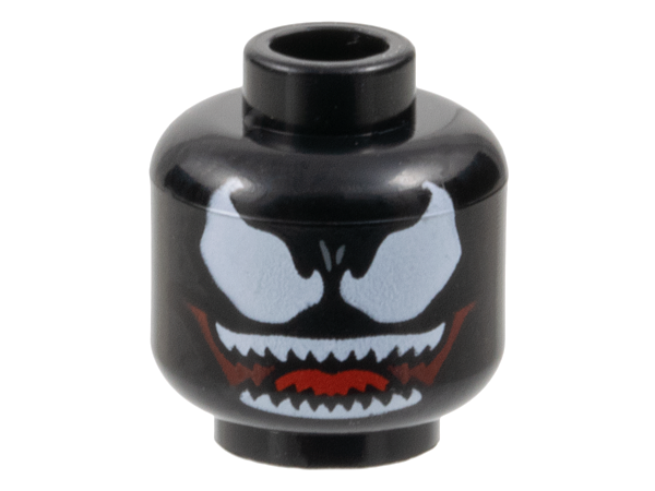 Minifigure, Head Alien Large White Eyes and Wide Dark Red Open Mouth Smile with Sharp Teeth Parted and Red Tongue Pattern - Hollow Stud