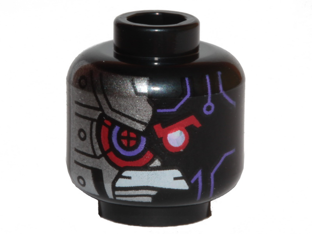 Minifigure, Head Dark Purple Highlights Red Eye, Gritted Teeth, Silver Armored Right Side Pattern - Hollow Stud