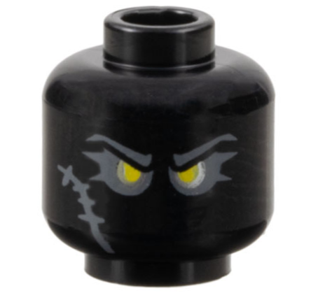 Minifigure, Head Dark Bluish Gray Eyebrows, Eye Shadow and Scar, Yellow Eyes with Silver Outline Pattern - Vented Stud