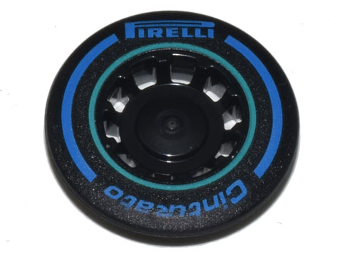 LEGO onderdeel Wheel Cover 10 Spoke Recessed with Blue 'PIRELLI' and 'Cinturato' Logo, Dark Turquoise Circle Pattern 49098pb02