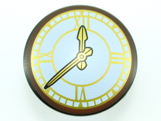 Minifigure, Shield Circular Convex Face with Clock with Gold Hands and Roman Numerals Pattern