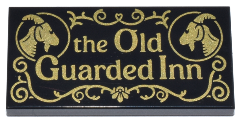 Tile 2 x 4 with Gold 'the Old Guarded Inn' Goats and Filigree Pattern