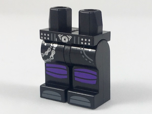 LEGO part Hips and Legs with Silver Buckle and Chain, Dark Purple Knee Wrappings, Dark Bluish Gray Toes Pattern 970c00pb0819