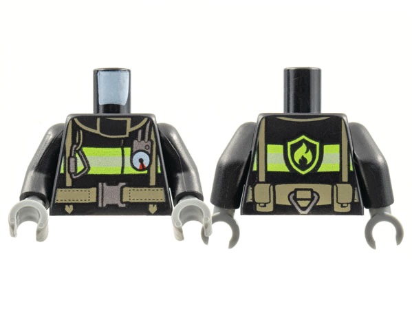 Torso Fire Uniform Jacket with Reflective Stripes and Logo on Back, Dark Tan Utility Belt and Straps, Silver Buckle, Caribiner, and Gauge Pattern / Black Arms / Dark Bluish Gray Hands