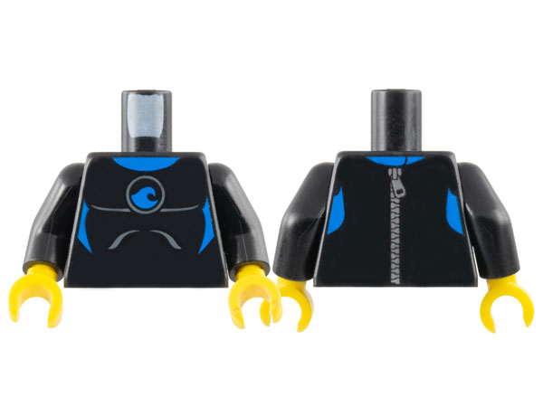 Torso Wetsuit with Blue Sign and Lines and Dark Bluish Gray Stripes Front and Silver Zipper Back Pattern / Black Arms / Yellow Hands