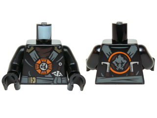 Torso Ninjago Dark Bluish Gray and Gold Straps and Belt, Round Emblem, Weapons and Dark Brown Undershirt Pattern / Black Arms / Black Hands