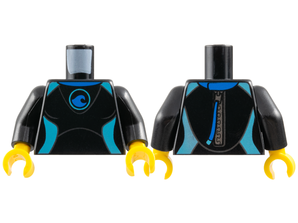 Torso Female Wetsuit with Medium Azure Panels, Blue Collar and Wave Logo, Silver Zipper with Pull Cord on Back Pattern / Black Arms / Yellow Hands