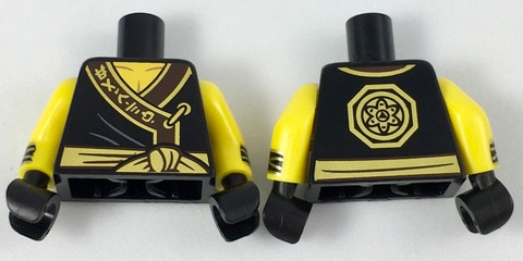 Torso Ninjago Robe with Ninjago Logogram 'EARTH', Gold Sash and Medallion Pattern / Yellow Arms with Black Cuffs with Gold Stripes Pattern / Black Hands