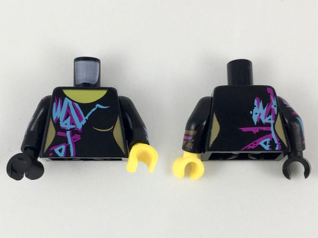 LEGO part Torso Female Purple and Medium Azure Markings Pattern / Black Arm Left with Wyldstyle Cuff / Black Arm Right with Purple and Blue Markings / Yellow Hand Left / Black Hand Right 973pb3373c01
