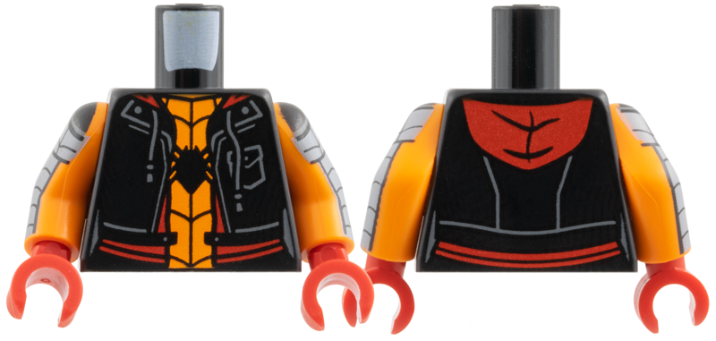 LEGO part Torso Hoodie Vest with Pocket and Drawstrings, Red Trim and Hood, Orange Shirt, Black Spider and Webbing Pattern / Orange Arms with Dark Bluish Gray Armor and Black Webbing Pattern / Red Hands 973pb6284c01