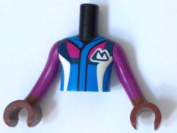 LEGO part Torso Mini Doll Boy Blue Jacket with Magenta, Dark Blue and White Panels and Mountains Pattern, Reddish Brown Arms with Hands with Magenta Long Sleeves FTBpb103c01