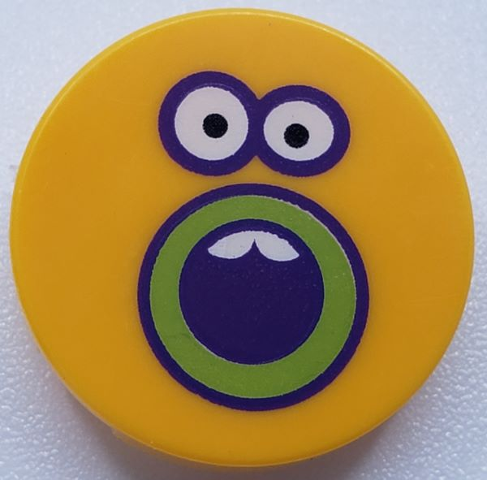 Piastrella, Rotonda 2 x 2 con Supporto Bottone Inferiore con Volto Girasole, Bocca e Occhi Aperti Viola Scuro e Verde Lime con Contorno