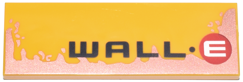 Tile 2 x 6 with Black 'WALL' and Dot, White Letter E in Red Circle (Wall-E Logo), Copper Splotch Pattern