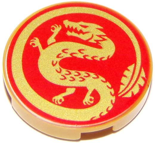 Tegel, Rond 2 x 2 met Onderkant Studs Houder met Goud Draak op Rode Achtergrond Patroon