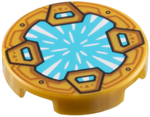 Tile, Round 2 x 2 with Bottom Stud Holder with Medium Azure Crystal with White Radiating Reflections, Clasps with Dark Orange Shapes Pattern