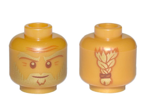 Minifigure, Head Gold Eyebrows, Beard and Braided Ponytail on Back, Dark Orange Wrinkles, Smile Pattern (Sensei Wu) - Hollow Stud
