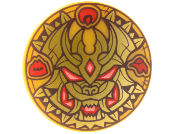 Minifigure, Shield Circular Convex Face with Gold and Dark Brown Dragon Face, Red and Coral Eyes, Mouth, and Symbols Pattern