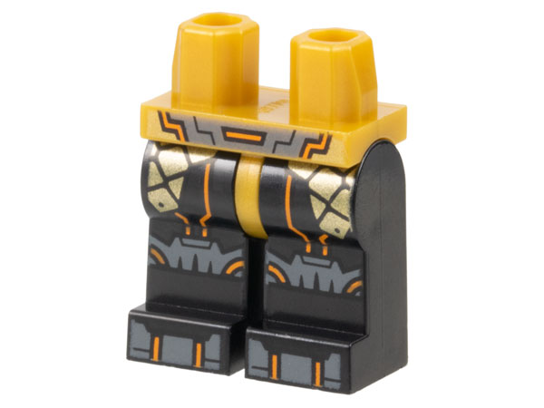 Hips and Black Legs with Dark Bluish Gray Belt, Knee Pads, and Shoe Tips, Gold Armor Plates, Orange Trim Pattern