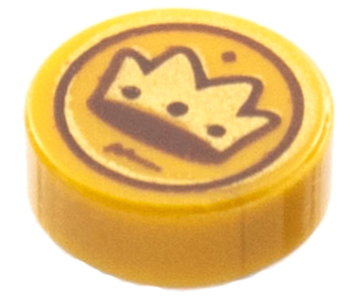 LEGO part Tile, Round 1 x 1 with Gold and Dark Brown Crown Coin Pattern (98138pb260)