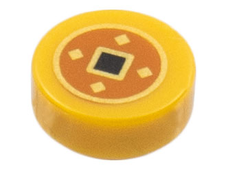 Tile, Round 1 x 1 with Black and Gold Squares in Dark Orange Circle Pattern (Chinese Lucky Coin)