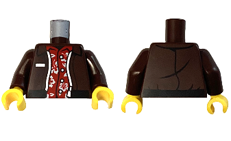 Torso Jacket Open with Black Hem and Silver Zipper over Red Hawaiian Shirt with Flowers and Leaves Pattern / Dark Brown Arms / Yellow Hands