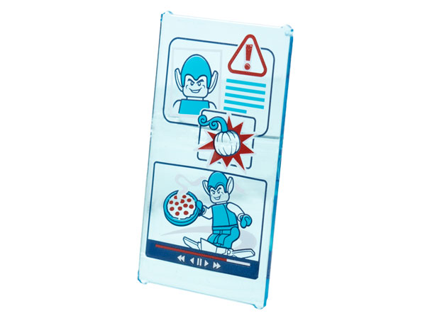 LEGO onderdeel Glass for Window 1 x 4 x 6 with Medium Azure, Red and White Warning Screen, Green Goblin with Pizza Pattern (57895pb099)