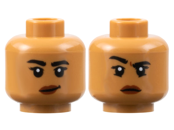 Minifigure, Head Dual Sided Female, Black Eyebrows, Reddish Brown Lips, Lopsided Grin / Right Eyebrow Raised Pattern - Hollow Stud