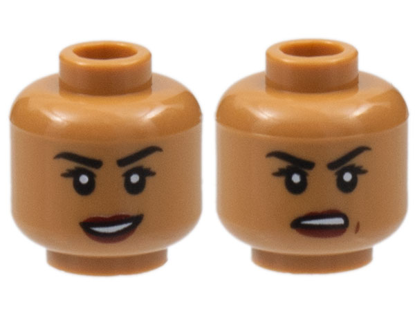 Minifigure, Head Dual Sided Female, Black Eyebrows, Dark Red Lips, Smile / Frown Pattern - Hollow Stud