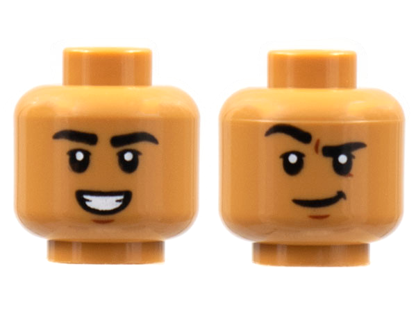 Minifigure, Head Dual Sided, Black Eyebrows, Smile with Teeth / Grin with Raised Eyebrow Right Pattern - Hollow Stud