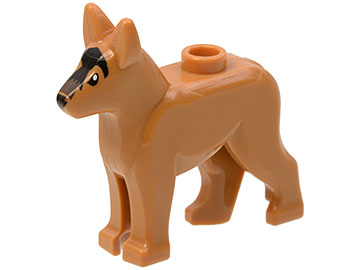 LEGO part Dog, Alsatian / German Shepherd with Black Eyes, Nose, Blaze and Dark Brown Muzzle Pattern (92586pb01)