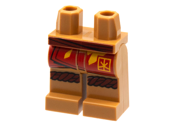 Hips and Legs with Dark Red Sash and Knee Wrap, Red Robe End with Bright Light Orange Flame and Ninjago Logogram Letter K in Square Pattern