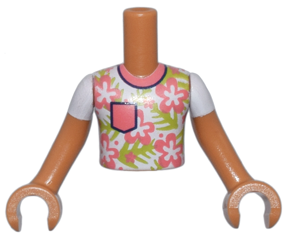 LEGO part Torso Mini Doll Boy White Shirt with Coral Flowers and Pocket and Lime Leaves Pattern, Medium Nougat Arms with Hands with White Short Sleeves FTBpb115c01