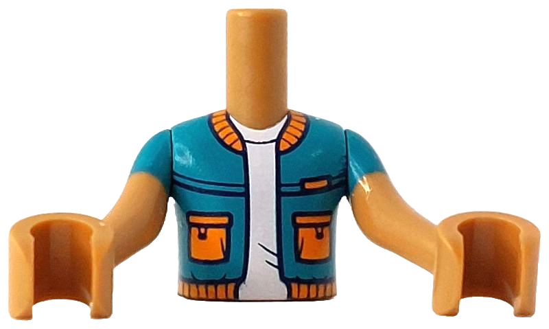 LEGO part Torso Mini Doll Boy Dark Turquoise Jacket with Orange Pockets, Collar and Hem over White T-Shirt Pattern, Medium Nougat Arms with Hands with Dark Turquoise Short Sleeves FTBpb131c01