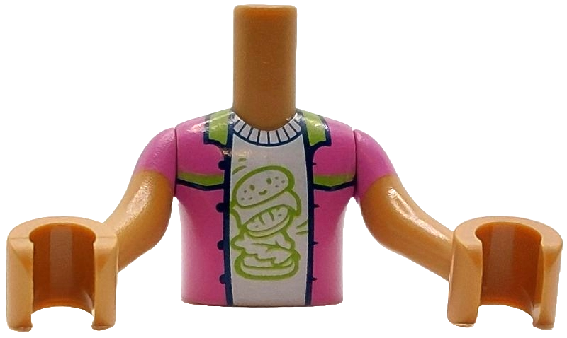 LEGO onderdeel Torso Mini Doll Boy Dark Pink Jacket with Lime Collar and Trim over White Shirt with Hamburger with Face Pattern, Medium Nougat Arms with Hands with Dark Pink Short Sleeves FTBpb134c01