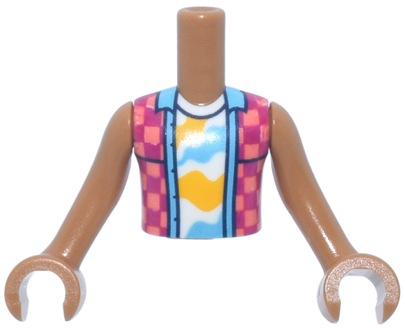 LEGO part Torso Mini Doll Boy Coral and Magenta Checkered Sleeveless Shirt Open over White Undershirt with Bright Light Orange and Medium Azure Shapes Pattern, Medium Nougat Arms with Hands FTBpb145c01