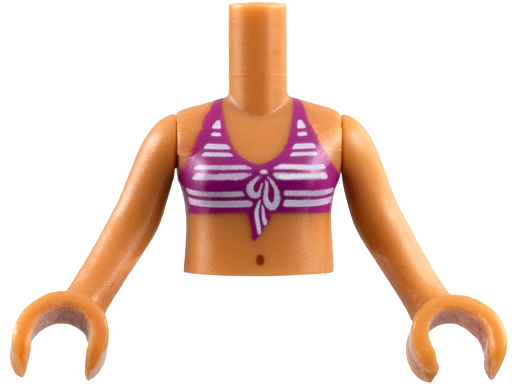 LEGO part Torso Mini Doll Girl Magenta Bikini Top with White Stripes, Navel Pattern, Medium Nougat Arms with Hands FTGpb020c01