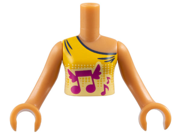 Torso Mini Doll Girl  Bright Light Orange Vest Top with Winged Music Notes Pattern, Medium Nougat Arms with Hands