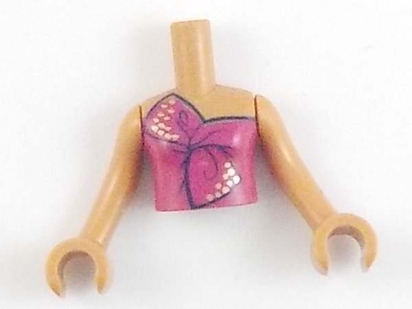 LEGO part Torso Mini Doll Girl Magenta Strapless Dress Top Tied in Bow with Gold Dots Pattern, Medium Nougat Arms with Hands FTGpb297c01
