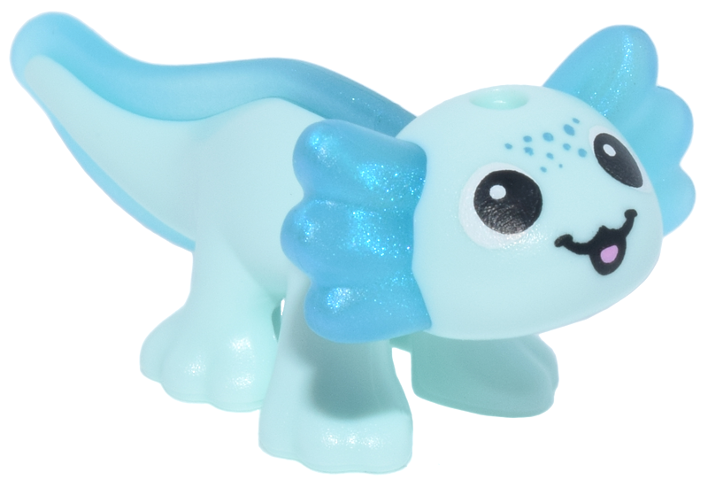 Salamandra, Stile Friends, Axolotl con Pinne e Branchie Blu Traslucido Chiaro Satinato Stampato, Occhi Neri e Bocca, Motivo Macchie Turchese Scuro, Lingua Rosa Brillante