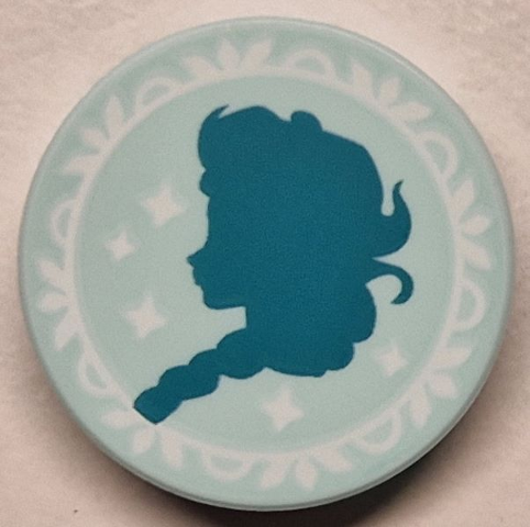 Tile, Round 2 x 2 with Bottom Stud Holder with Dark Turquoise Elsa Silhouette and White Frame and Sparkles / Stars Pattern