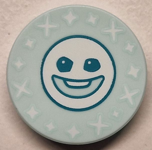 Tile, Round 2 x 2 with Bottom Stud Holder with Dark Turquoise Snowgie Face and White Sparkles / Stars Pattern