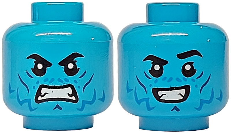 Minifigure, Head Dual Sided Black Eyebrows, Blue and Dark Blue Cheek Lines and Wrinkles, Grimace / Open Mouth Smile Pattern - Vented Stud