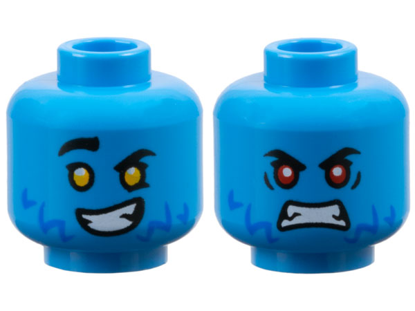 Minifigure, Head Dual Sided Black Eyebrows, Blue Fur, White Teeth, Smile with Bright Light Orange Eyes / Scowl with Red Eyes Pattern - Vented Stud