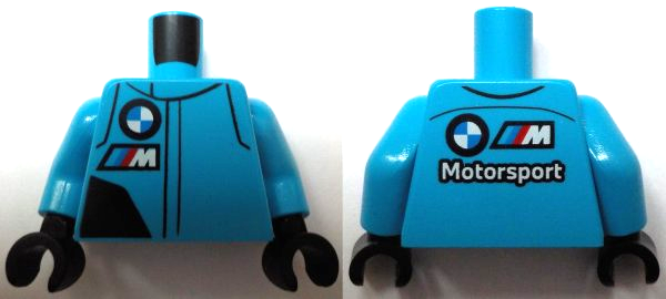 LEGO part Torso Racing Suit with Black Panel, BMW Motorsport Logo, White Capital Letter M with Red, Blue and Dark Azure Diagonal Stripes Pattern / Dark Azure Arms / Black Hands 973pb5570c01