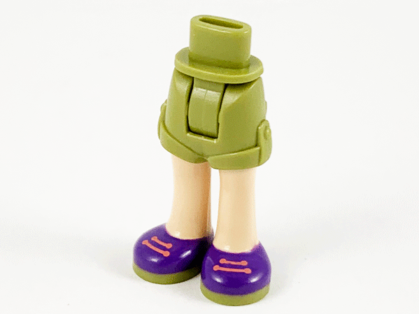 Mini Doll Hips and Shorts with Light Nougat Legs and Dark Purple Shoes with Olive Green Soles and Coral Laces Pattern - Thick Hinge