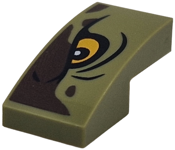 Slope, Curved 2 x 1 x 2/3 with Dark Brown Markings, Bright Light Orange Eye with Black Outline and Wrinkles Pattern Model Left Side